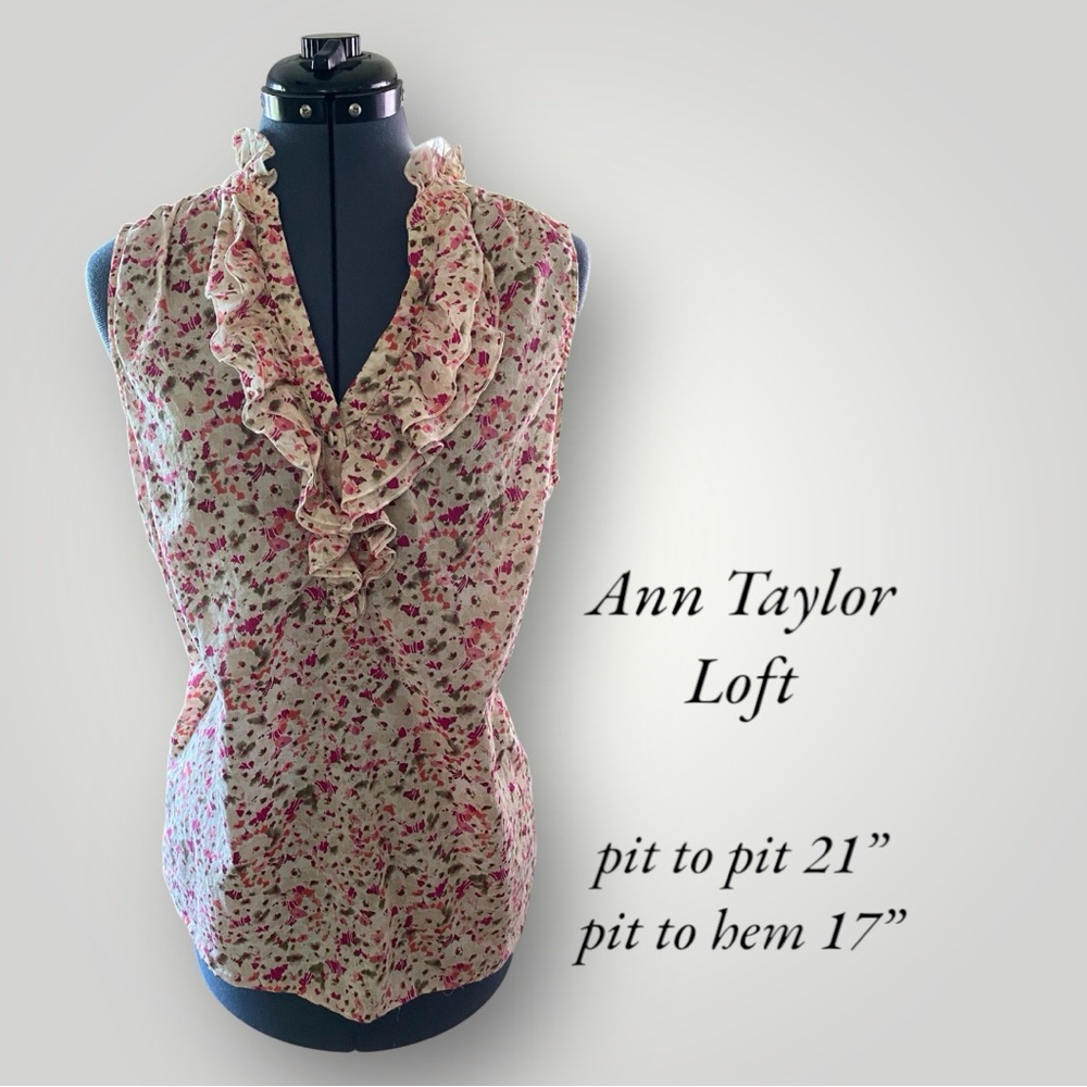 LOFT Pink and Brown Ruffled Sleeveless Blouse